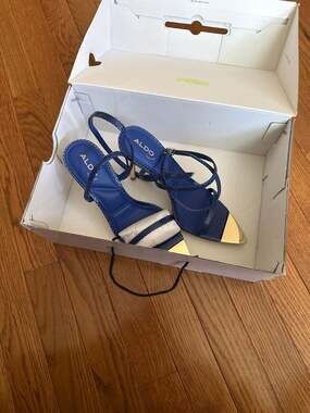 Aldo Blue Snake Embossed Strappy Heeled Sandals with Gold Pointed Toe Cap